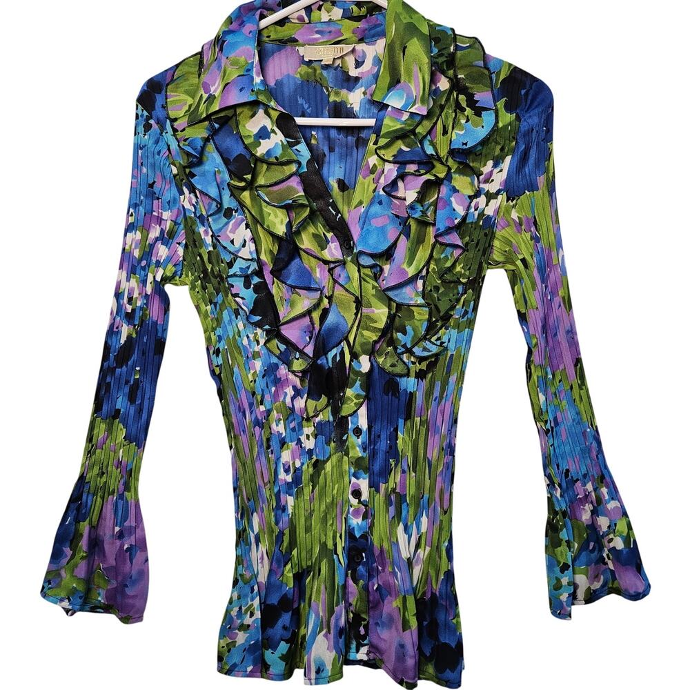 Cathaya Green Blue Purple Ruffle Ribbed Trumpet  Sleeve Small Y2K Fairy Retro